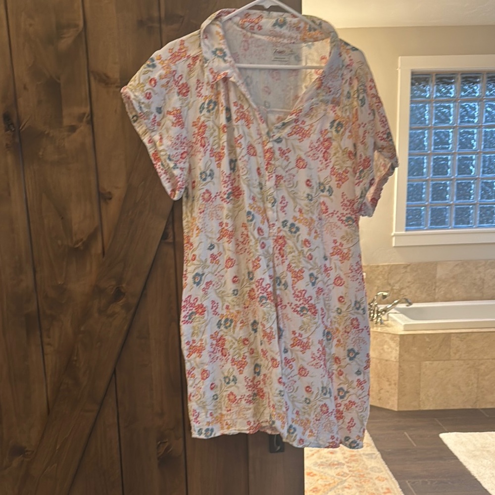Faherty White Floral Short Sleeve Dress with Multicolor Print